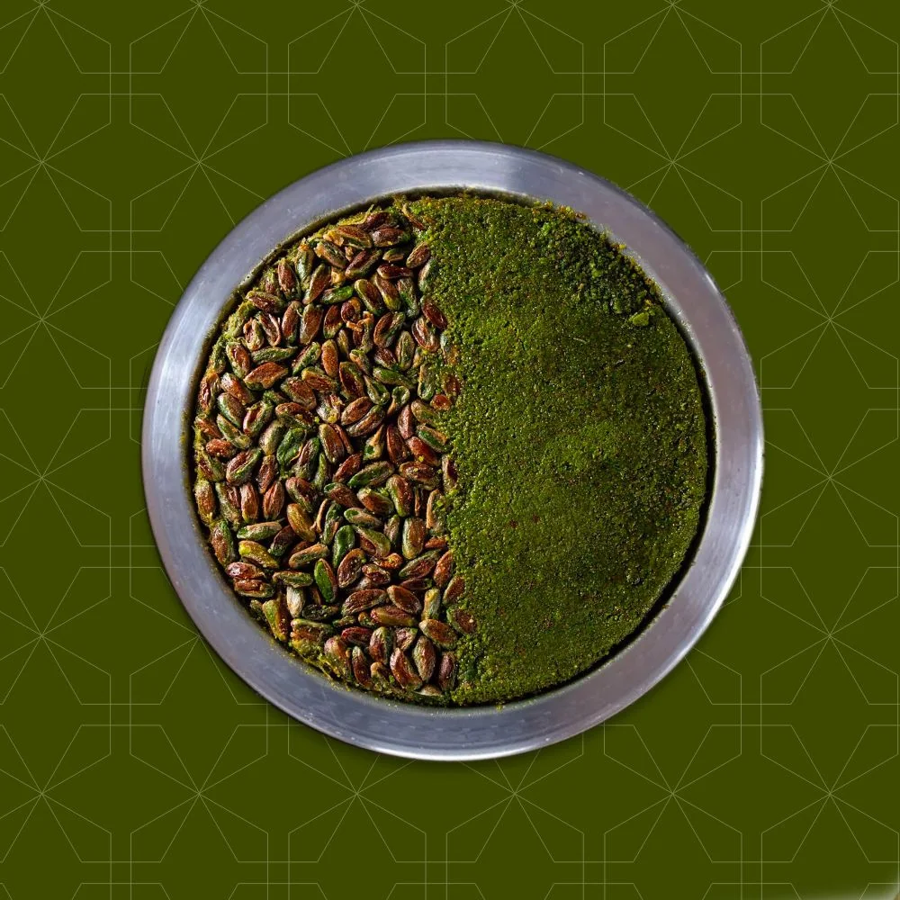Close-up of whole roasted pistachios, green and amber