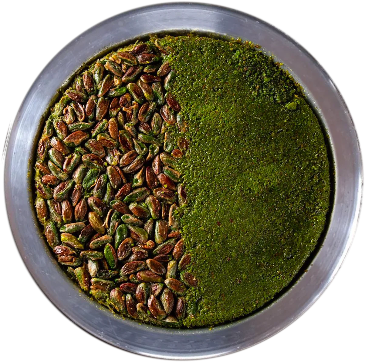 Billuriye Künefe: Crowned with whole pistachios and fine pistachio powder, side by side.
