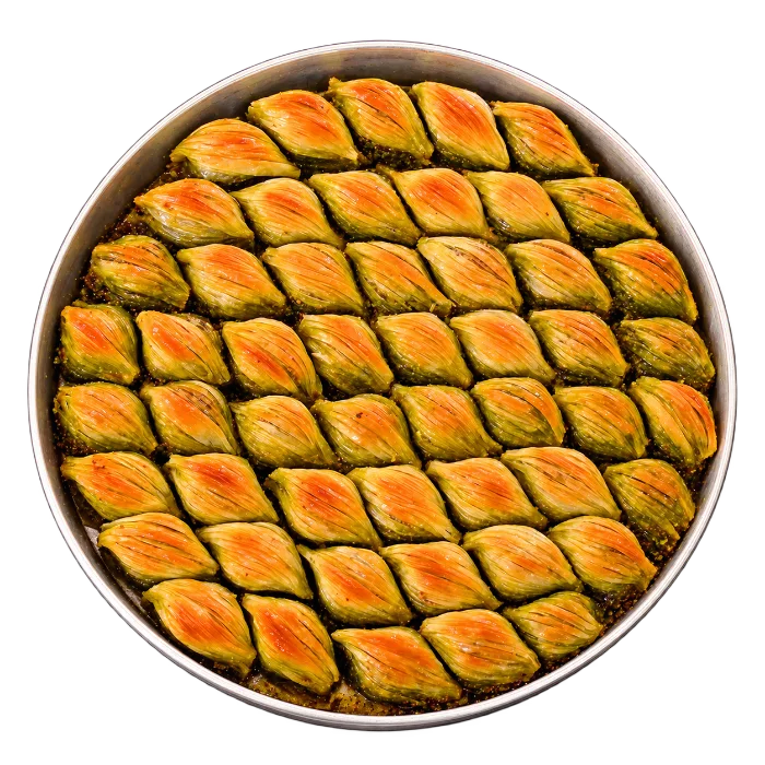 A round tray of mussel baklava seen from above