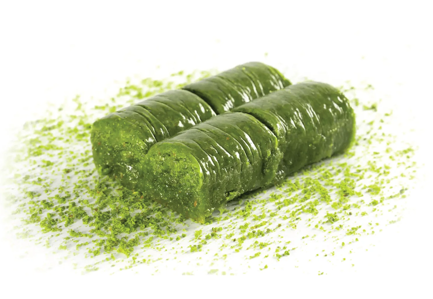 Pistachio Roll: Pistachio wrapped in delicate pastry for a dense, vivid green bite.